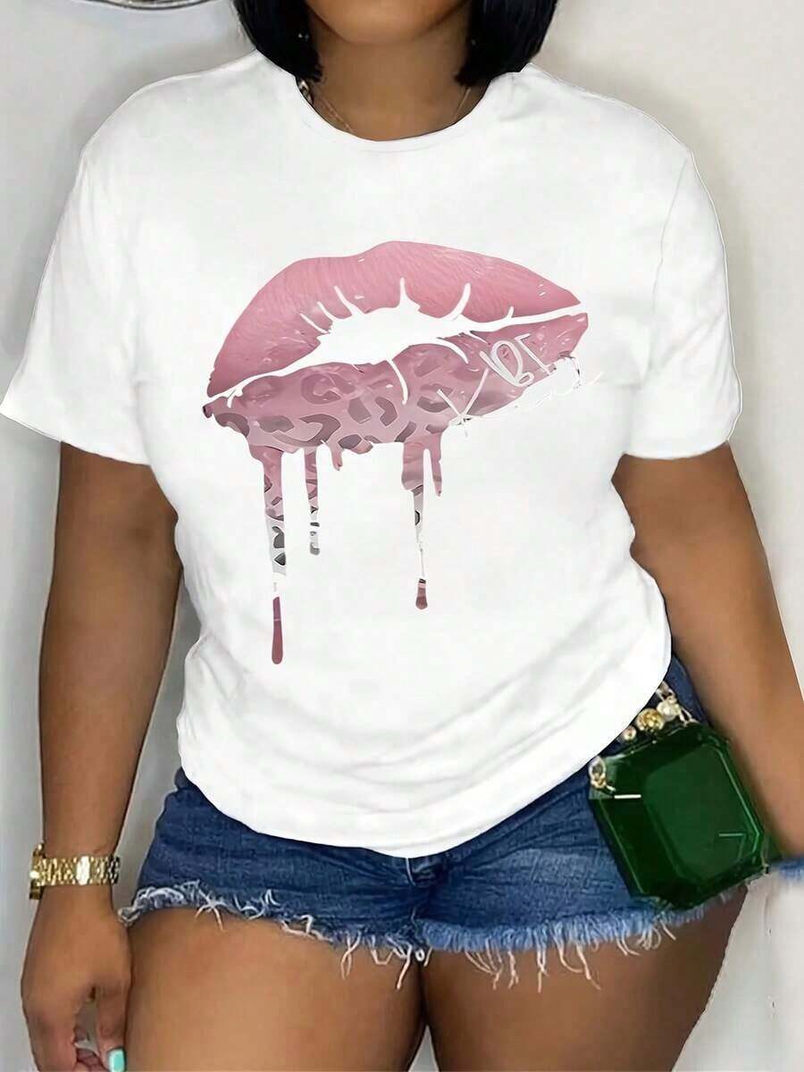 Lip Print T-Shirt, Short Sleeve, Round Neck, Casual Top, Summer And Spring, Women's Clothing, Women's T-Shirts - 白色 - 查看 1