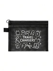 網格化妝包印有「Travel Charger」字母圖案，旅行網格盥洗包，夏季度假必備。便攜式化妝品收納包，多功能收納包，電子設備收納，數據線收納，適用於度假、辦公室、購物、酒店、返校禮物、生日禮物、旅行配件、教師節禮物、婚禮配件 - 彩色 - 查看 14