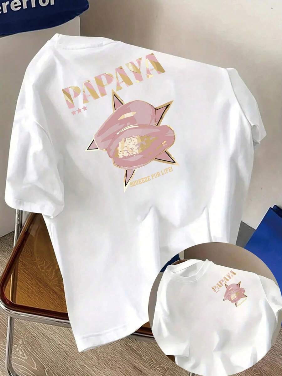 Premium Women's Short-Sleeved T-Shirt With Papaya Design And Fun Slogans, 100% Cotton, Loose Fit, "PAPAYA" Print With Pink And Gold Papaya Pattern, Breathable Casual Top, And Unique Clothing, Letter Print, Adult Women's Short-Sleeved T-Shirt, Summer Beach, Breathable Fabric, Suitable For Back To School Season, Outdoor Clothing, Ideal Gift, . - 白色 - 查看 1