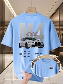 Men's Casual Summer T-Shirt, New Collection, Round Neck, Short Sleeve, Knit Fabric, Cool And Comfortable, Double-Sided "M10.16cm" Print On Front And Back, Ideal For Outdoor Activities, Printed Summer T-Shirt For Men - 淺藍色 - 查看 6