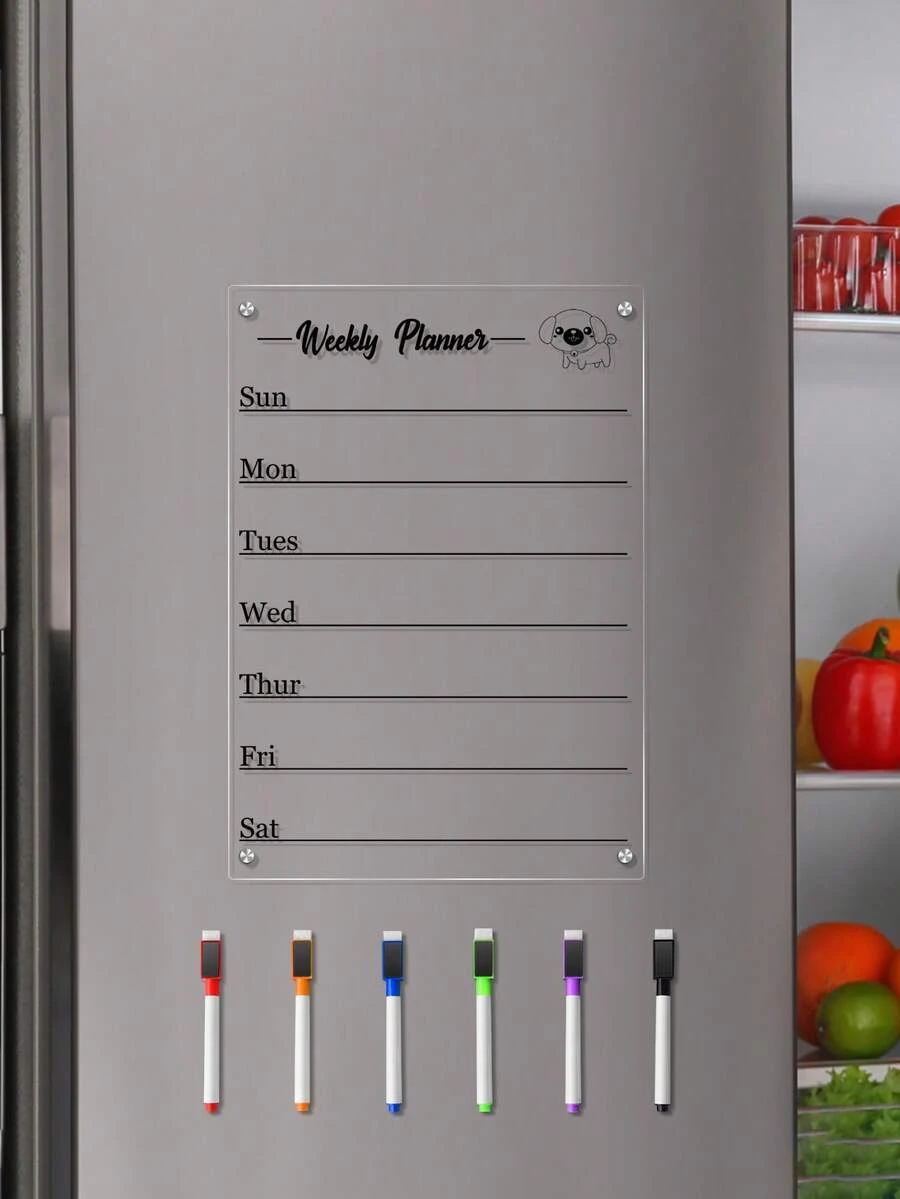 Cute Puppy Design Refrigerator Weekly Planner Message Board, Erasable Acrylic Schedule Planner With Multi-Color Pens, Office And Home Use, Erasable Schedule Message Board, Home Memo Record Sticker, Back To School - Multicolor - View 1