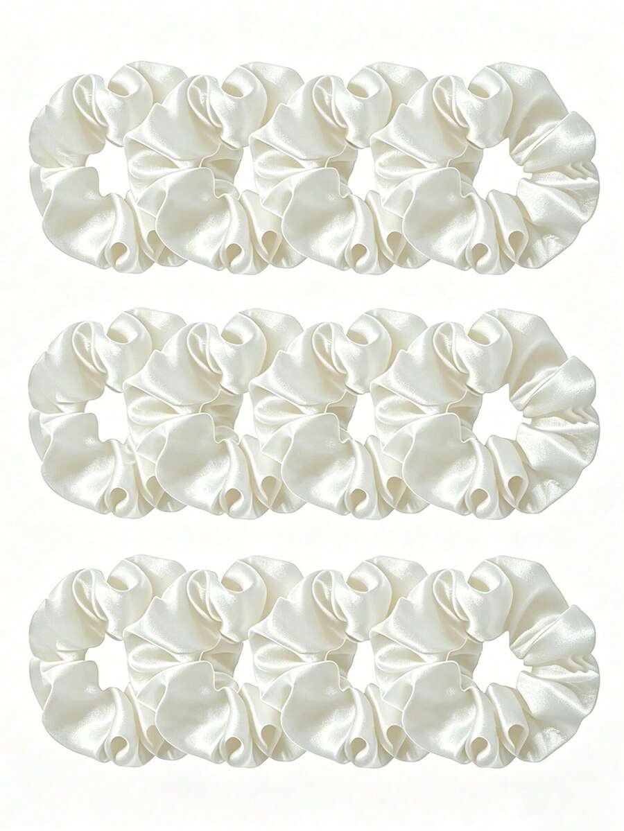 3/12pcs Black Satin Scrunchies Set, Minimalist Design Elegant High Elasticity Hair Ties, Daily Essential Ponytail - White - View 1