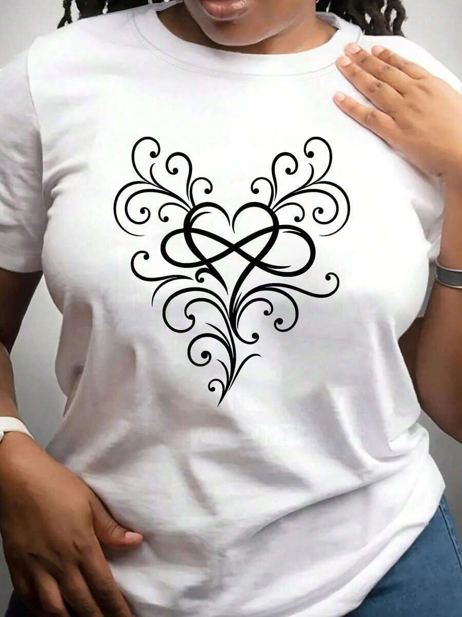 Women's Short-Sleeved Shirt With An "Artistic Love" Print, Suitable For Everyday Wear. Made Of Soft, Breathable Polyester Fiber With Moderate Stretch. Machine Washable. Casual Short-Sleeved Crew Neck Printed T-Shirt For Women, Graphic Tee, Women's Graphic Tees, Summer T-Shirt, Casual T-Shirt, Summer Tops, Summer Sets For Women, Comfortable Casual Short-Sleeved Crew Neck T-Shirt, Elegant Blouses For Ladies. - 白色 - 查看 1