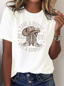 Women's Cotton Crew Neck Casual T-Shirt - Women's Western Cowboy Print T-Shirt - 100% Cotton, Comfortable Short Sleeves, Featuring Cowboy Boots And Horses, And The Slogan "Save A Horse, Ride A Cowboy," Suitable For Country Music Festivals, Rodeos, And Casual Western-Style Outfits. Geometric Pattern, Machine Washable, Loose Fit, Suitable For All Seasons, Casual Western-Inspired Style, Combined With A Cowboy Hat And Horseshoe Design, Breathable Fabric, Comfortable Fit. Simple T-Shirt For Everyday Wear - 白色 - 查看 1