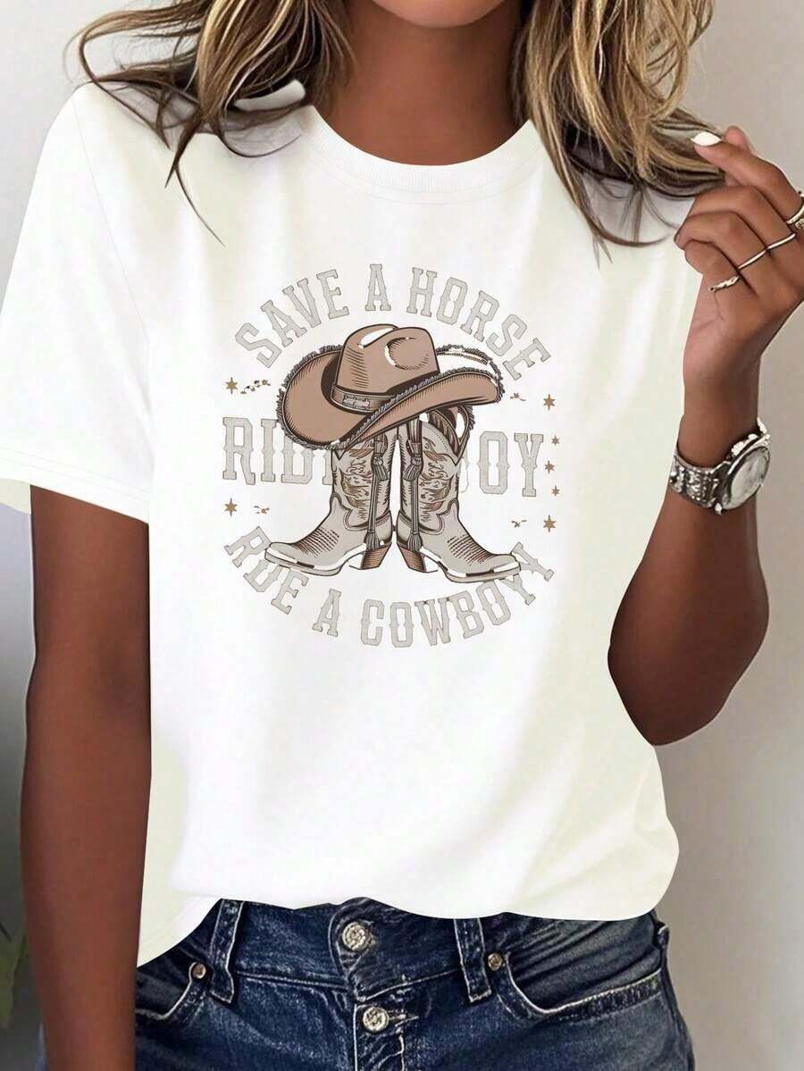 Women's Cotton Crew Neck Casual T-Shirt - Women's Western Cowboy Print T-Shirt - 100% Cotton, Comfortable Short Sleeves, Featuring Cowboy Boots And Horses, And The Slogan "Save A Horse, Ride A Cowboy," Suitable For Country Music Festivals, Rodeos, And Casual Western-Style Outfits. Geometric Pattern, Machine Washable, Loose Fit, Suitable For All Seasons, Casual Western-Inspired Style, Combined With A Cowboy Hat And Horseshoe Design, Breathable Fabric, Comfortable Fit. Simple T-Shirt For Everyday Wear - 白色 - 查看 1