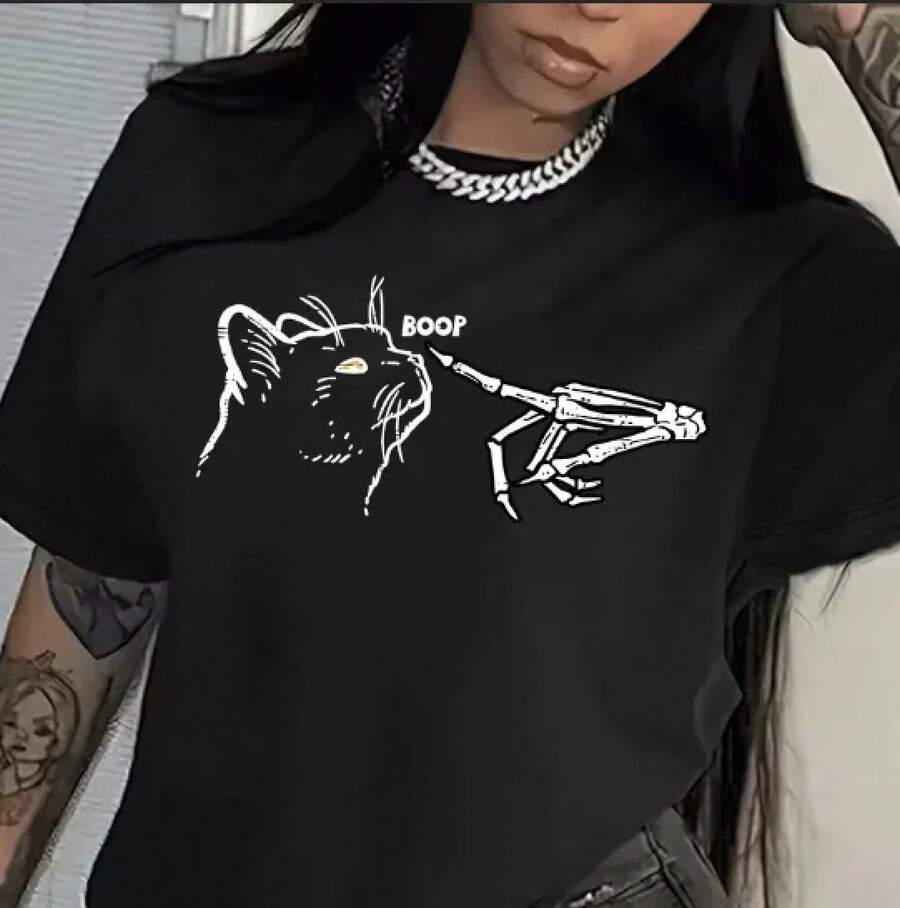 T-Shirt With Cat And Skull Paw Print, Short Sleeve, Round Neck, Casual Style, Spring/Summer, Women's T-Shirt - Urban Vintage Style, Unisex, Loose Fit, Cotton, Short Sleeve, Round Neck. - 黑色 - 查看 1