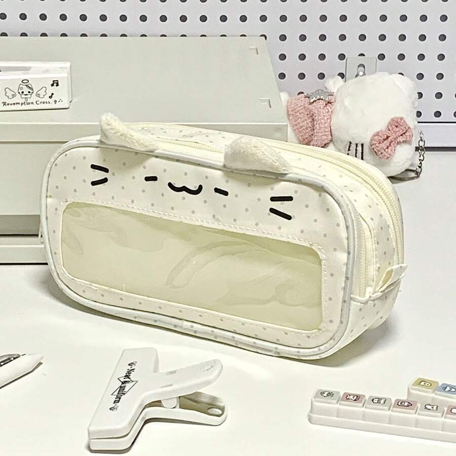 1个时尚波点可爱猫耳铅笔盒,大容量桌面收纳笔袋,学生文具返校用品 - A - 查看 1