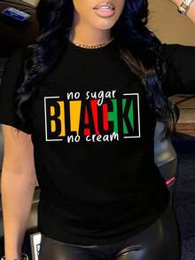 Crew Neck T-Shirt With Vibrant Letter Print - Soft, Breathable, Short Sleeve, Casual Spring And Summer Fashion Clothing For Women With Relaxed Fit And Classic Design, 100% Cotton - 黑色 - 查看 1