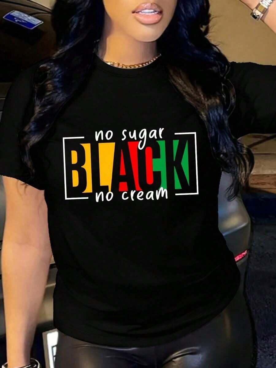 Crew Neck T-Shirt With Vibrant Letter Print - Soft, Breathable, Short Sleeve, Casual Spring And Summer Fashion Clothing For Women With Relaxed Fit And Classic Design, 100% Cotton - 黑色 - 查看 1