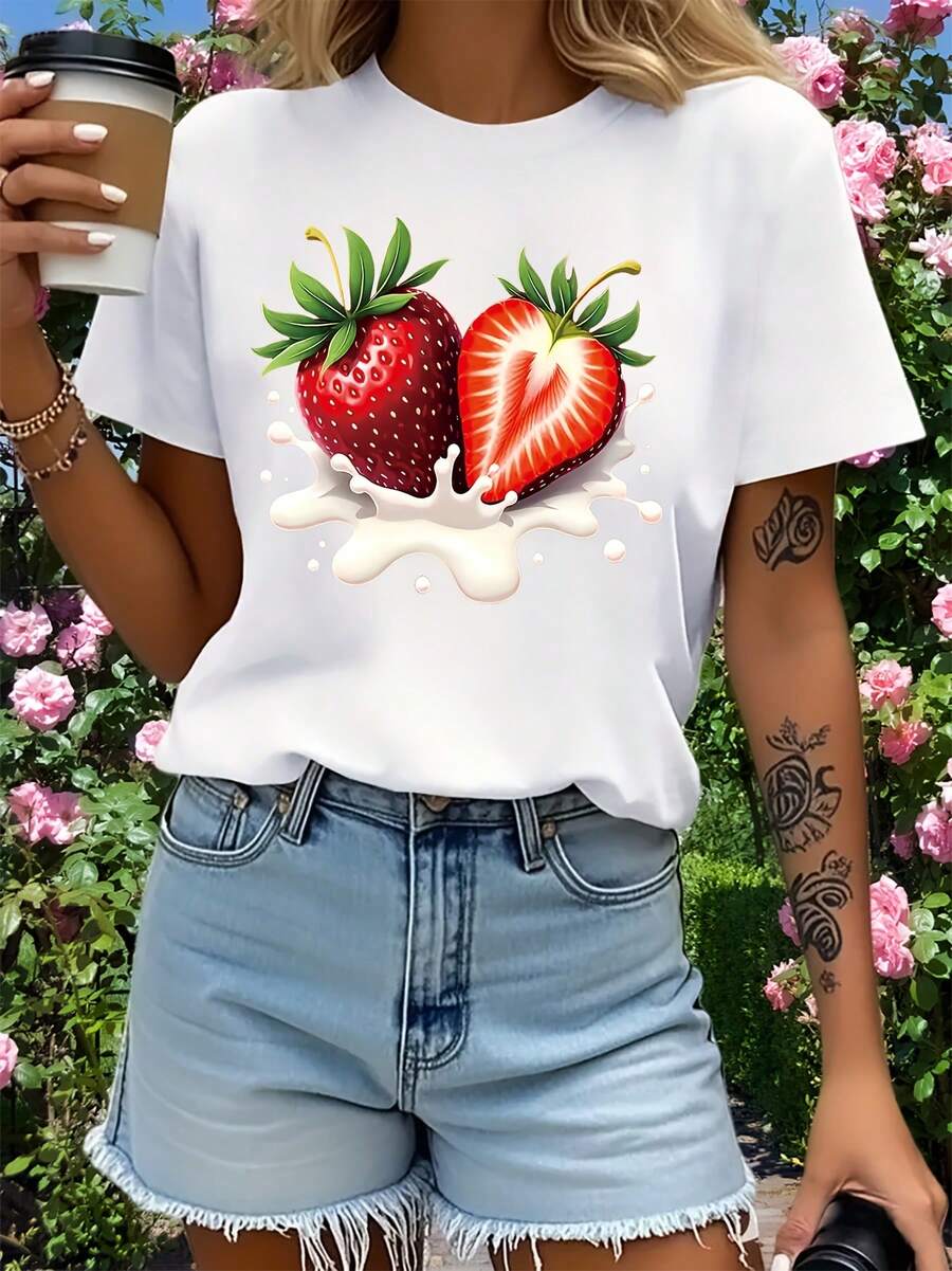 Comfortable Short-Sleeved T-Shirt With Red Strawberry Ice Cream Print | Casual Style, Round Neck, Floral Design, Ideal For Summer - White - View 1