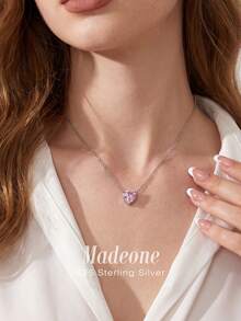 MADEONE 1件925纯银精致三爪心形吊坠项链，适合简约日常佩戴，充满纪念意义的珠宝，精美礼物 - 白金粉鋯 - 查看 2