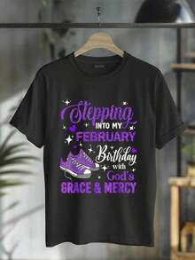 100% Cotton Casual Tshirt Stepping Into My February Birthday With God's Grace Mercy T-Shirt,Unisex T-Shirt - 黑色 - 查看 5