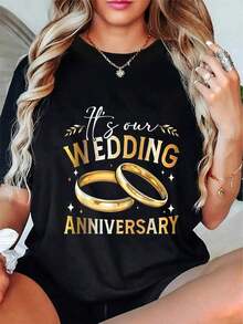 Casual T-Shirt 100% Cotton, It's Our Wedding Anniversary, Happy Wedding, Newlyweds, Unisex T-Shirt - 黑色 - 查看 5