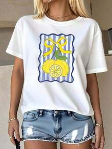 100% Cotton, 1 Piece. Women's Lemon Print T-Shirt, Fashion Design, Casual Summer Style, New Arrival, Comfortable, Breathable, Round Neck, Loose Fit, Perfect Gift. 100% Cotton Women's Simple Solid Color T-Shirt, Loose And Slim Fit Casual Short Sleeve - 白色的 - 查看 6