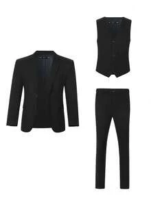 Boys 3-Piece Herringbone Twill Suit Set, Black, Suitable For Wedding, Birthday, School, Stage, Formal Occasions, 6-16 Years Old - Black - View 3