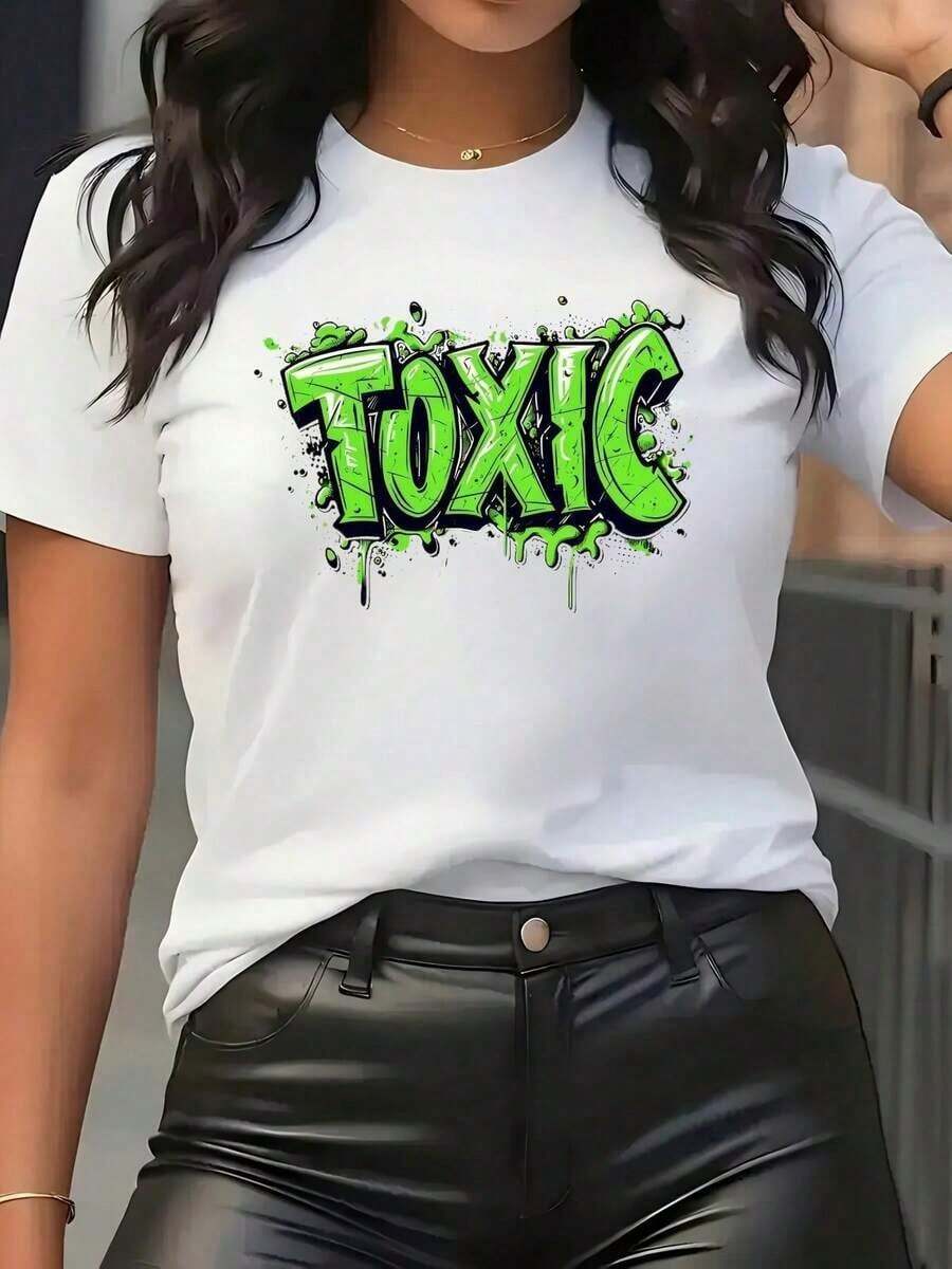 TrendyWomen Women's Retro Y2K Print T-Shirt | White Shirt With Neon Green Toxic Flowers - Loose Crew Neck - Breathable Machine Washable Fabric - Halloween Party Costume - Creative Urban Style Casual Shirt - Universal T-Shirt For Everyday Wear In All Seasons - 白色 - 查看 1