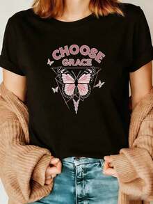 Premium Quality Comfortable White T-Shirt With Rolled Sleeves, Stylish Text And Pink And Black Butterfly Print, Brown Knit Cardigan, Blue Jeans With Belt Buckle – Women's Everyday Casual Outfit. Gift Idea. - 黑色 - 查看 1