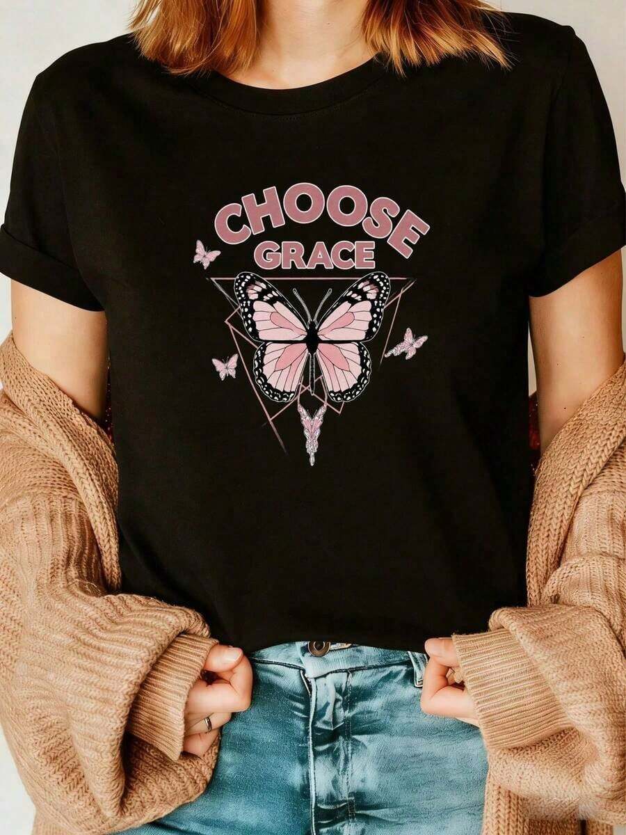 Premium Quality Comfortable White T-Shirt With Rolled Sleeves, Stylish Text And Pink And Black Butterfly Print, Brown Knit Cardigan, Blue Jeans With Belt Buckle – Women's Everyday Casual Outfit. Gift Idea. - 黑色 - 查看 1