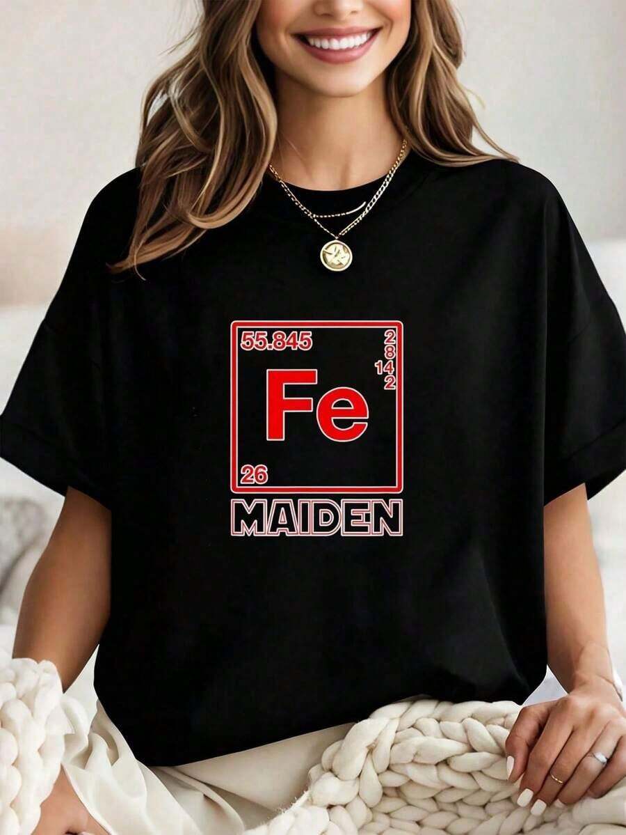 100% Cotton Fe ) Parody Of The Elements Iron (Fe) Women's T-Shirt, Graphic Tees, Crop Tops, Sets, Tops, Tee, Art Tee. Women's Simple Solid Color T-Shirt, Loose And Slim Fit Casual Short Sleeve - 黑色 - 查看 1