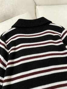 Striped Polo Collar Sweater, Loose Fit Contrast Color Knit Top, Versatile For Work And Leisure - Multicolor - View 7