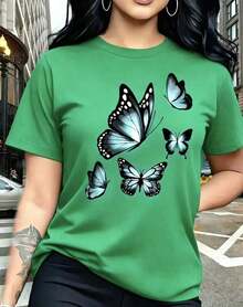 Women's Casual T-Shirt With Butterfly Motif - Sporty Casual Style, Short-Sleeved T-Shirt With Round Neck, Comfortable And Breathable, Fashionable, Easy To Match, Soft To The Touch, Printed Design, Creative Digital Print For Spring And Summer - Unisex Loose-Fitting Cotton T-Shirt With Short Sleeves And Round Neck, Urban Vintage Style. 100% Cotton - 綠色的 - 查看 1