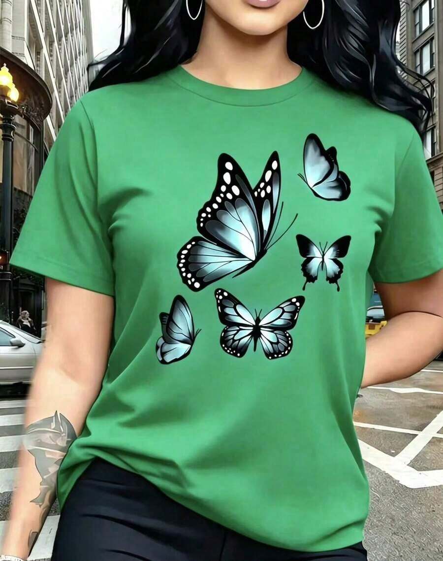 Women's Casual T-Shirt With Butterfly Motif - Sporty Casual Style, Short-Sleeved T-Shirt With Round Neck, Comfortable And Breathable, Fashionable, Easy To Match, Soft To The Touch, Printed Design, Creative Digital Print For Spring And Summer - Unisex Loose-Fitting Cotton T-Shirt With Short Sleeves And Round Neck, Urban Vintage Style. 100% Cotton - 綠色的 - 查看 1