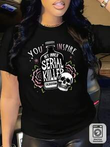 Women's T-Shirt With Skull And Rose Print | You Awakened My Inner Chemistry. | Interesting Links | Casual Short-Sleeve Crew Neck T-Shirt | Black Background With White Print | Gothic Rock Style | Suitable For All Seasons | Breathable | Regular Fit | Machine Washable | Uita - 黑色 - 查看 7