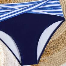 Sexy Bikini For Women, Striped Design With Deep V-Neck, Halter Neck And Quick-Drying Fabric - Blue - View 4