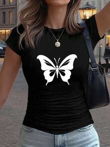 Slim Fit,  Butterfly Print, Simple And Elegant Design - 2 Styles - Women's Casual Sportswear, Solid Color Details With Pleats At The Waist, Short Sleeve T-Shirt With Round Neck Suitable For All Four Seasons. - 黑色 - 查看 11