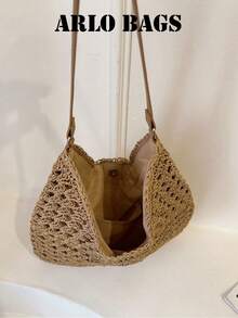 Questa borsa a spalla intrecciata è un must-have per le vacanze estive. Con il suo interno spazioso, il design traforato e le maniglie in pelle, è perfetta per le gite in spiaggia, lo shopping e i weekend fuori porta, rendendola una scelta ideale per gli appassionati di viaggi. - Cachi - Visualizzare 5