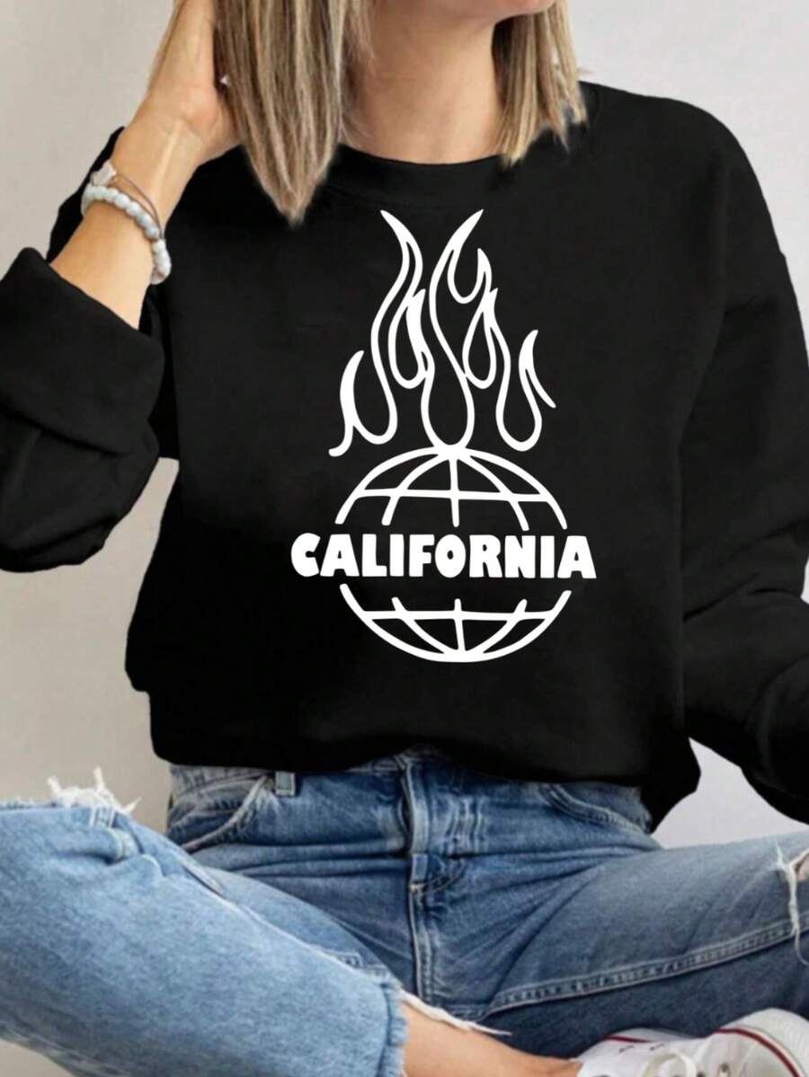 MSUCC|Women's Basic T-Shirt With Round Neck, Print, American Style, Modern And Youthful Design, Suitable For All Seasons And Daily Wear, With Soft Fabric|Women's Long-Sleeved Blouse With Flame And Balloon Print - 黑色 - 查看 1
