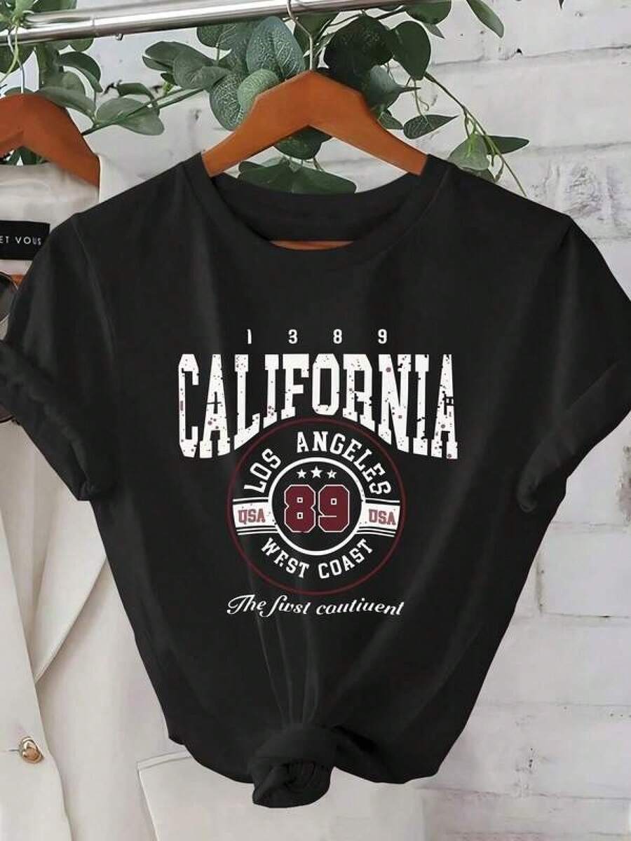 1pc Women's T-Shirt Unique Y2K Style T-Shirt With Retro California Los Angeles Design, Perfect For Highlighting Your Casual And Modern Style. Ideal For Any Occasion, Show Off Your Love For Urban And Western Culture With This Essential Piece For Your Wardrobe. Short Sleeve Cotton T-Shirt - 黑色 - 查看 1