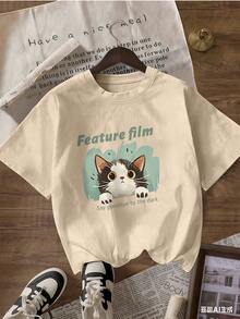Cute Cat T-Shirt With "Feature Film" Text, Fashionable Short-Sleeved T-Shirt For Spring And Summer 2026, Made In Mexico, 180 Grams. Cartoon Print, Couple Design, Suitable For Indoor Or Outdoor Wear. Crew Neck, Unisex, Ideal For Office And Leisure. One-Pack. - APR-P631577SLNDXZGY609 - 查看 3
