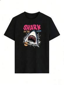 Shark T-Shirt With "Shark In The Water" Text.  Short-Sleeved T-Shirt For Spring/Summer 2026, Made In Mexico, 180 Grams. Cartoon Print, Couple Design, Suitable For Indoor Or Outdoor Wear. Crew Neck, Unisex, Ideal For The Office And Leisure. One-Pack. - BK-P631577SLNDXZGY624 - 查看 2