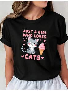 Women's Casual Sports T-Shirt With Colorful Cat And Ice Cream Graphic - Black Elastic Round Neck T-Shirt, Machine Washable, Comfortable Fit And Suitable For All Seasons, For Leisure And Style. - 黑色 - 查看 6