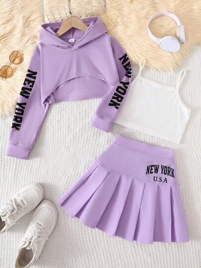 Girls' 3-Piece Set Back To School American Sweet & Cool Style, 8-12 Years Old, New York Print Cropped Purple Long Sleeve Hoodie + White Camisole + Purple Pleated Skirt, Daily / School Outfit