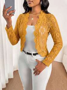 Lady Chaqueta elegante y casual con volantes de encaje para uso diario, para otoño - Amarillo - Ver 4