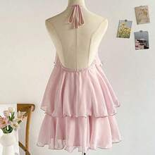 Vestido mini de verano con cuello halter, espalda descubierta y volante en el bajo, de color liso y sencillo para mujer - Rosa - Ver 3