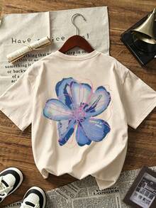 Women's Round Neck Short Sleeve T-Shirts,  Printed Tee, Casual Basic Tops - 杏色 - 查看 1