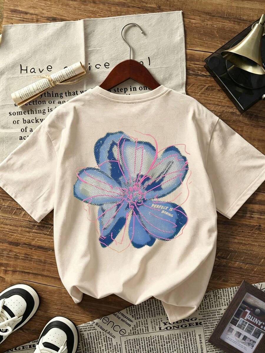 Women's Round Neck Short Sleeve T-Shirts, Printed Tee, Casual Basic Tops - 杏色 - 查看 1