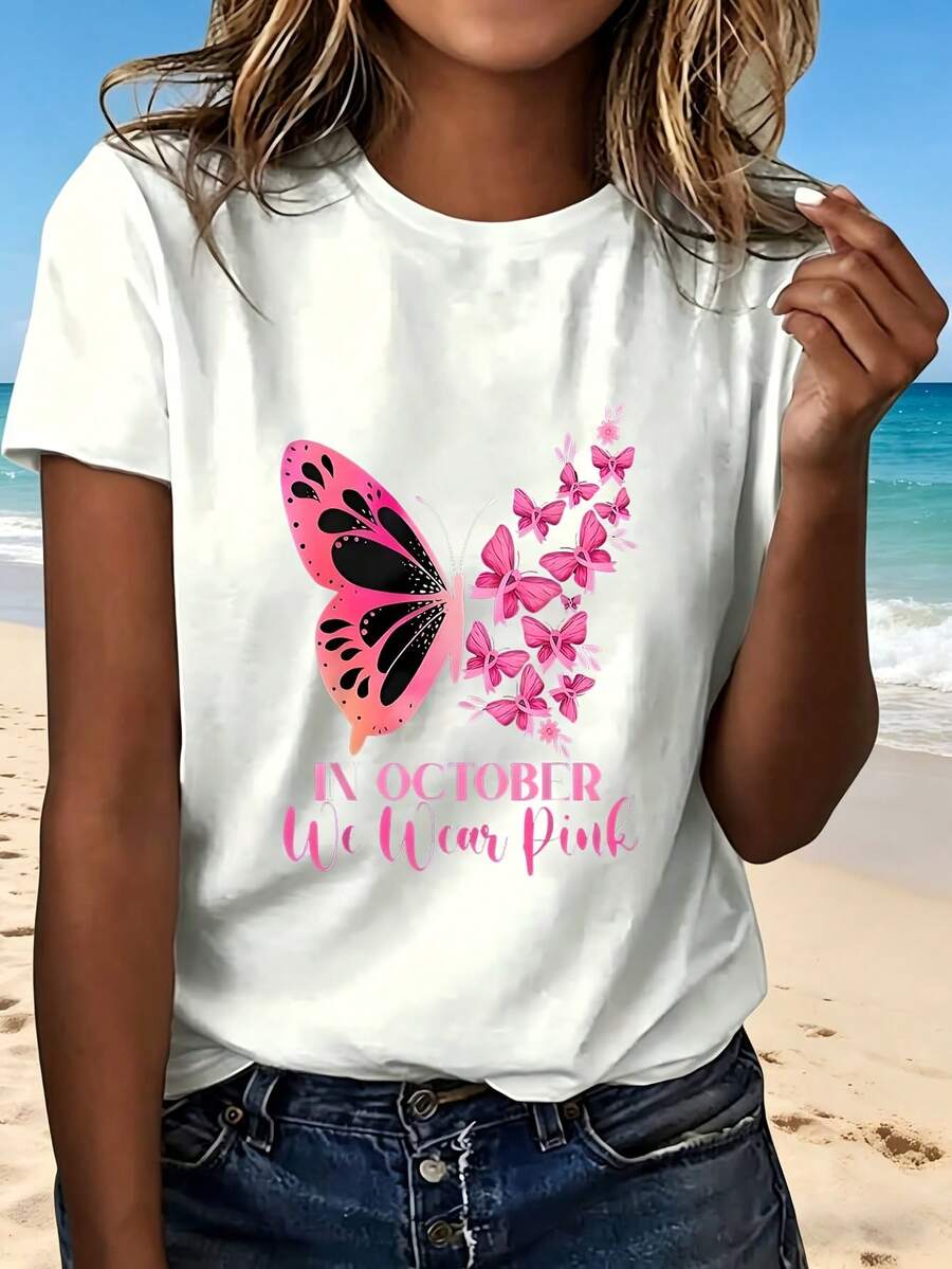 In October We Wear Pink Butterfly T Shirt With Fashion Design Breast Cancer Awareness Cute Print Women Casual Top Perfect Gift For Autumn Season - 白色 - 查看 1
