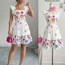 Vestido casual de vacaciones con estampado floral, sin mangas, cuello cuadrado, cintura ceñida y volantes en el bajo, adecuado para carnaval, Día del Trabajo, Pascua, vuelta al colegio, Día del Maestro, estudiante, campus, viaje, verano - Multicolor - Ver 2