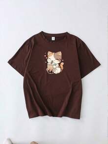 Camiseta gráfica de cuello redondo con estampado de gato bebiendo té de perlas de anime, top casual de verano de talla grande para mujer, estampado de manga corta a la moda.Adecuado para usar en vacaciones, playa, resort, primavera, Día de San Valentín, Carnaval, regalo para el Día de la Madre, regreso a la escuela, ceremonia de graduación - Café integral - Ver 2