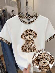 Camiseta de manga corta de mujer con estampado de cachorro colorblock y cuello redondo, casual de verano - Blanco 8 - Ver 1