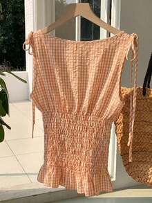 Blusa casual de mujer de algodón a cuadros naranja con tirantes tejidos y cordón en la cintura, blusa a cuadros naranja de verano, adecuada para el Día de San Valentín, el Carnaval, la playa, las vacaciones, el uso casual, la calle, la univers - Naranja - Ver 2