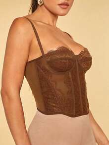 Top de tirantes bustier ribete con encaje - Marrón - Ver 3