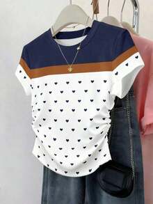Set de 3 blusas de mujer con estampado de rayas, cuadros y gráficos, de manga corta y con efecto de cintura ceñida - Multicolor 10 - Ver 3