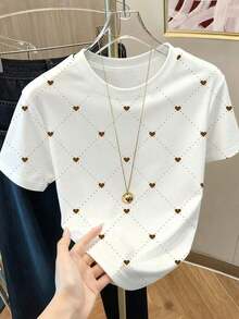 Camiseta de mujer con cuello redondo, estampado de corazones y lunares, y bloques de color - Blanco 7 - Ver 1