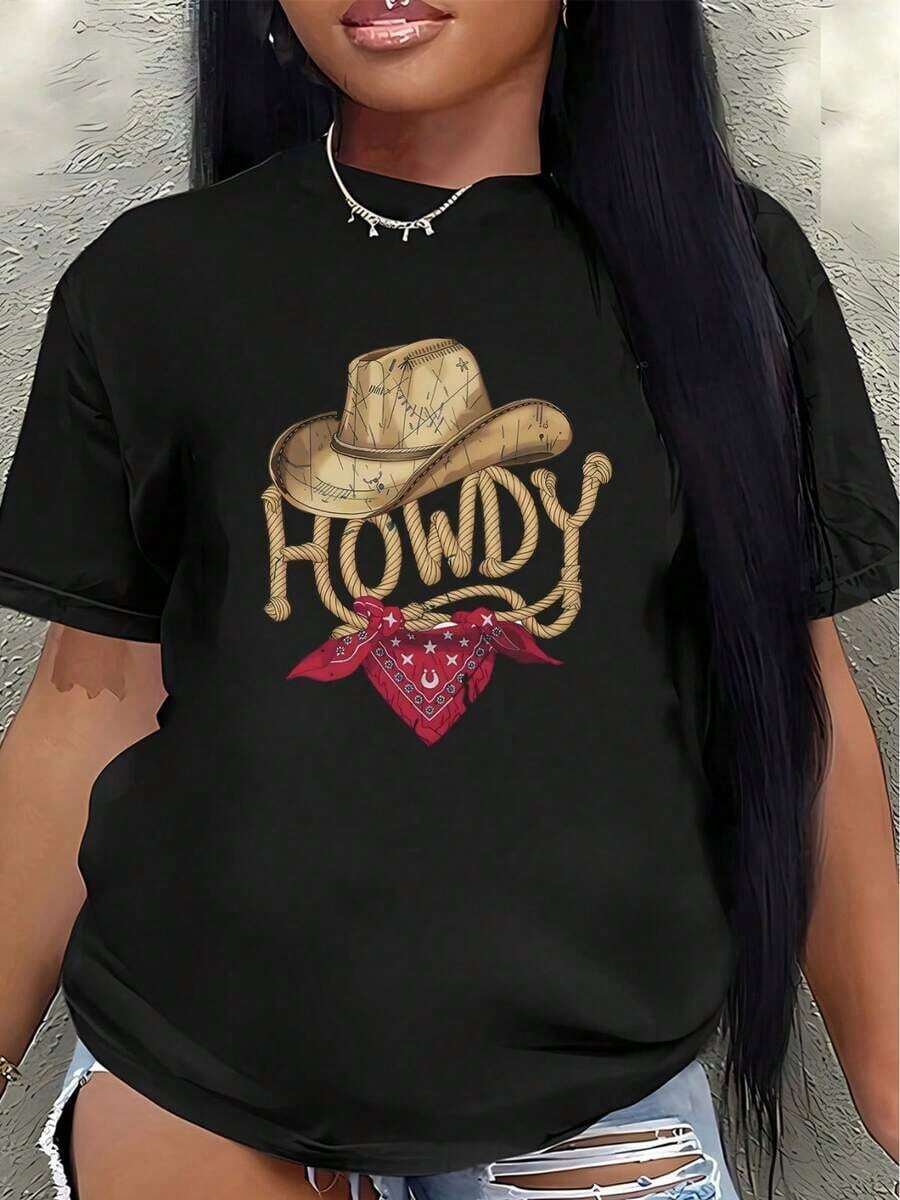 Polyester Short-Sleeved T-Shirt, Decorated With A Cowboy Hat And Bandana Pattern With The Inscription "Howdy", Lightweight And Durable, Suitable For Casual Wear At Home, In Restaurants Or Outdoors, Comfortable And Fitted For Everyday Wear, New Cool Summer Clothes For Women. - 黑色 - 查看 1