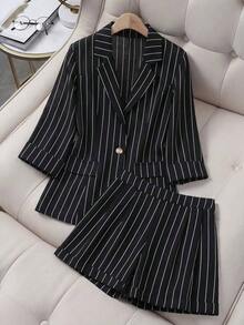 Conjunto de 2 piezas de chaleco sin mangas y pantalones cortos con estampado de bambú y rayas de aspecto de lino, estilo callejero francés elegante y vintage, versátil para negocios, oficina, vacaciones y verano - Blanco y Negro - Ver 4